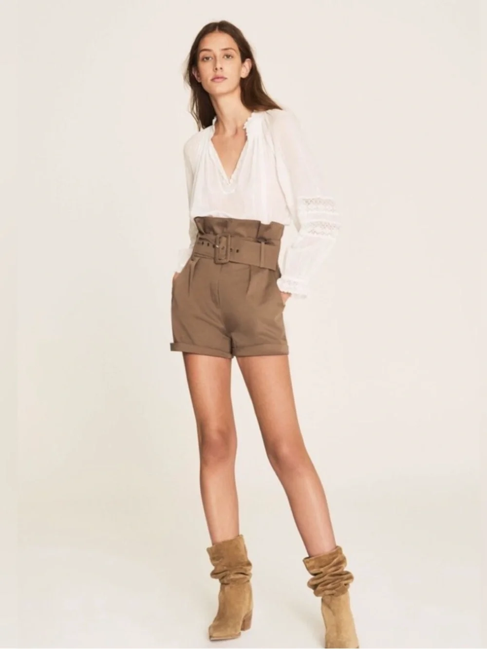 Ba&sh “Kook” Taupe Green Paperbag Belted Dressy Shorts Size Small